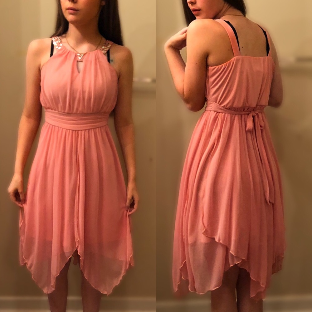 Coral Pink Formal Dress with Detailed neck